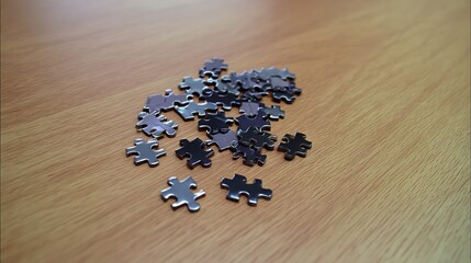 Jigsaw puzzle pieces arranged on wooden table, representing partnership through interconnected shapes.