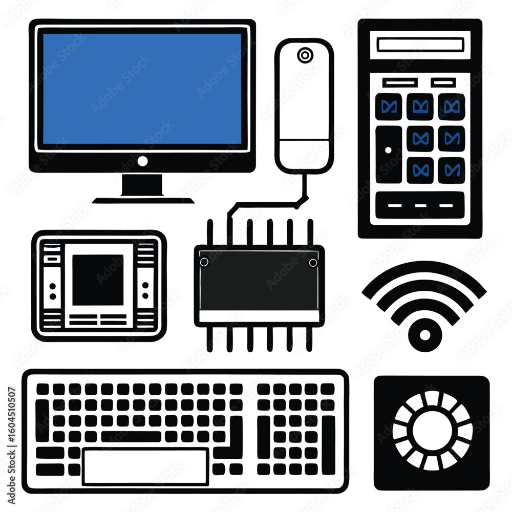 Aufkleber flat vector illustration of a computer setup with monitor keyboard and mouse