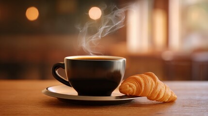 Steaming Coffee Cup with Buttery Croissant on Wooden Table