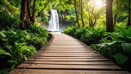 Obraz premium Wooden Path To Waterfall In Lush Tropical Forest