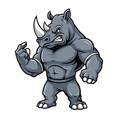 Fototapeta premium Cartoon illustration of a muscular rhinoceros standing upright, with an angry expression and clenched fist, isolated on a white background.