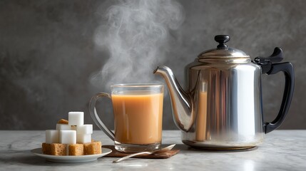 Steaming Cup of Tea with Silver Teapot and Sugar Cubes