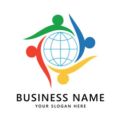 Globe world community people logo illustration design template icon