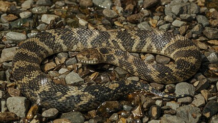 Obraz premium Found in locations like forests, roads, water, rocks, meadows, farmlands, vineyards, and gardens, the Tessellated Water Snake is commonly referred to as the Dice Snake.