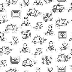 Medical seamless pattern in line art style includes medic cross, statoscope, ecg heart pulse, medical clipboard, first aid kit isolated on white background.	
