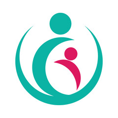 Teal and magenta abstract human figures embracing within a circular shape background blue