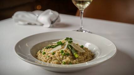 A plate of risotto with asparagus and peas next to a glass of white wine on a white table