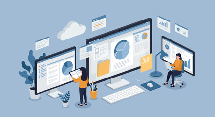 Business Team Analyzing Data on Computer Screens.