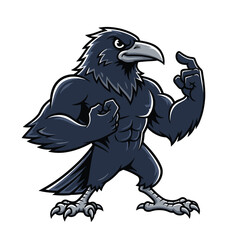 Obraz premium Cartoon illustration of a muscular crow standing with clenched fists, looking fierce and ready for action.