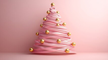 Pink ribbon christmas tree with golden balls on pink background