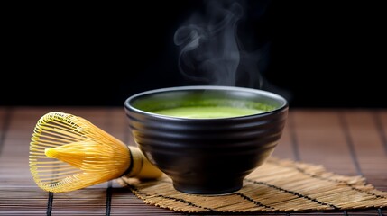 Steaming Matcha Green Tea in a Dark Bowl with Whisk on Wooden Surface
