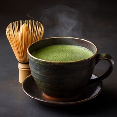 Steaming Matcha Green Tea in Dark Rustic Cup