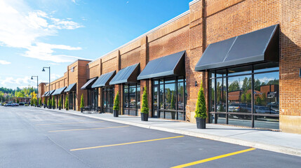 Obraz premium A modern, brick building with black awnings and green plants in front, set against a clear blue sky with a few clouds.