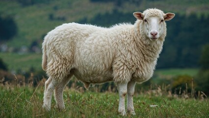 Obraz premium Side view of a fluffy, pure white sheep with strong build and tranquil demeanor set in a scenic rural environment.