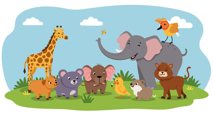 Naklejka premium Cartoon Animals Gathering on a Green Meadow.