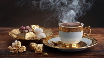 Steaming Turkish Coffee with Golden Sweets on Dark Wooden Table
