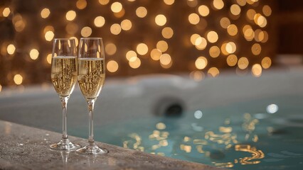 Couple toasting with sparkling wine beside an outdoor hot tub. Intimate escape scene. Love-themed backdrop with soft festive lights in the background.