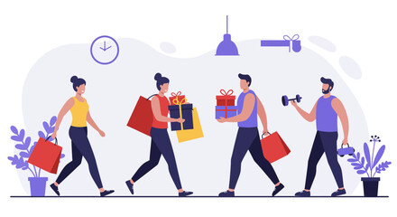 People Shopping Gifting and Exercising in Illustration.