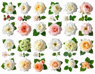 白と淡いピンクの花や葉を並べたフラットレイ構成のイラスト素材｜バラ,葉,背景素材