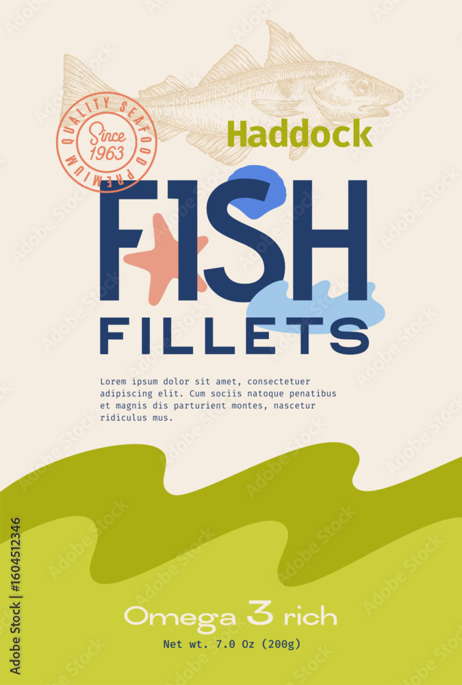 Canvas Prints seafood fish vector label design package background layout template. hand drawn haddock illustration