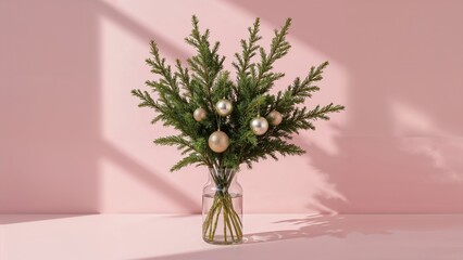 Fototapeta premium Evergreen spruce bouquet displayed in clear containers with decorative accents