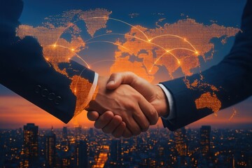 Global business partnership handshake over cityscape and world map