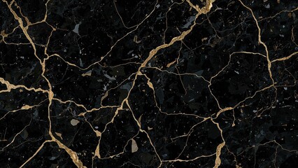 Glossy black marble with golden vein accents, organic design background, abstract palette of black, white, and gold, high-gloss marble texture ideal for digital wall tiles.