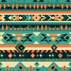 Teal Orange Beige Geometric Tribal Seamless Pattern