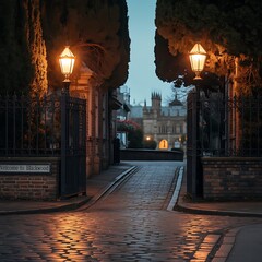 A welcoming entrance to blackwood with open gates and street lamps