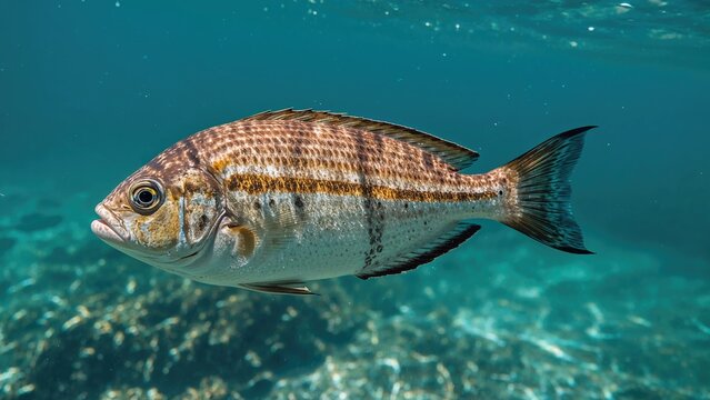 Colorful painted comber swimming near a rocky shoreline