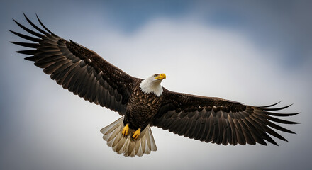 Majestic bald eagle soars with powerful wings spread wide against a cloudy sky