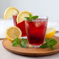 Two Glasses of Iced Red Tea with Lemon and Mint