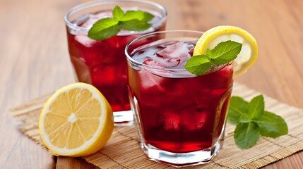 Two Glasses of Refreshing Red Iced Tea with Lemon and Mint