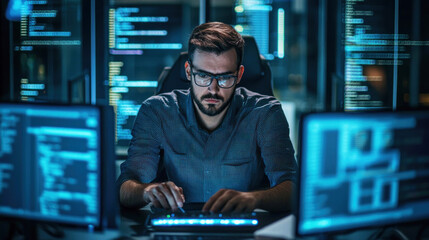 A man wearing glasses and a dark shirt, working at a computer in a dark office with multiple screens displaying code and data.