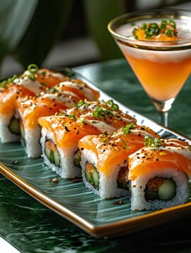 Delicious uramaki sushi rolls with salmon and cocktail on green plate