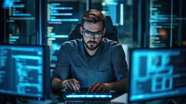 A man wearing glasses and a dark shirt, working at a computer in a dark office with multiple screens displaying code and data. - Powered by Adobe