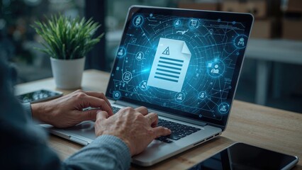 A laptop-based paperless quality inspection process with a virtual screen and document, supported by ERP for electronic approval.