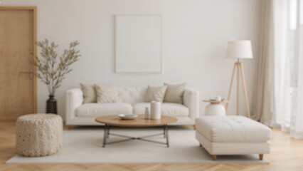Soft-focus backdrop of a tranquil lounge area with a beige couch and muted tones, offering a warm and welcoming vibe ideal for comfort and contemporary style.