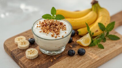 Glass bowl of yogurt topped with granola on wooden board accompanied by bananas, lemon slices, and mint leaves, breakfast or snack concept.