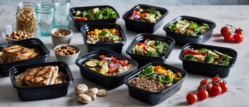 The vibrant assortment of nutritious meal prep containers on a stylish table.