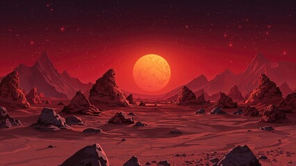 Dusk or dawn on a distant planet's arid surface featuring rocky formations under a vibrant red and orange starry sky, 2D cartoon game environment