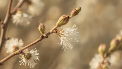 Willow tree flowers in bloom with soft focus on buds and blossoms captured in macro photography during springtime.