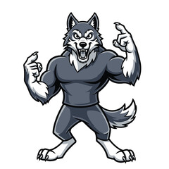 Cartoon illustration of a muscular wolf character standing with a fierce expression, pointing upwards with both paws.