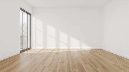 Obraz premium Spacious white room with sliding glass window and laminate wood floor