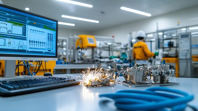 Industrial Laboratory with Computer Workstation, Spark, and Equipment in Modern Tech Facility