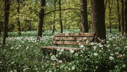 Naklejka premium Wooden seat amidst woodland