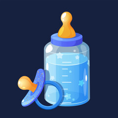 Fototapeta premium Vector illustration of cartoon Baby drink bottle with nipple and pacifier near it isolated on dark blue background.