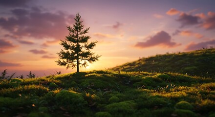 Obraz premium Small Evergreen Tree Silhouetted Against Colorful Sky at Sunset
