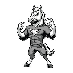 Fototapeta premium A grayscale cartoon horse mascot, flexing its muscles, wearing a t-shirt and jeans.