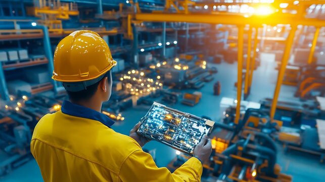 Worker in Yellow Jacket and Helmet Analyzing Data on Tablet in Industrial Warehouse at Sunset